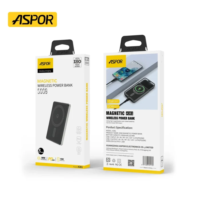 Aspor A381 5000mAh Quick Charge Wireless Magnetic Charging Power Bank