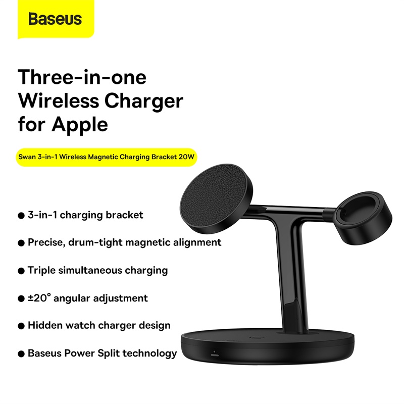 Baseus 20W Swan 3-in-1 Wireless Magnetic Charging Bracket Black - Image 2